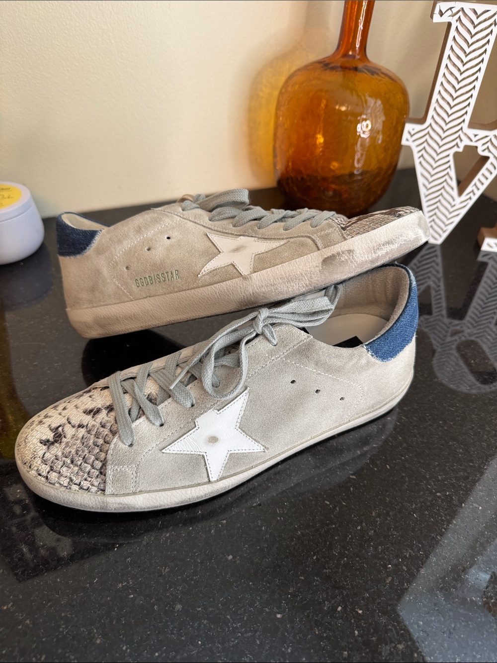 Golden Goose Light Gray Suede Sneakers with White Star and Blue Heel Tab